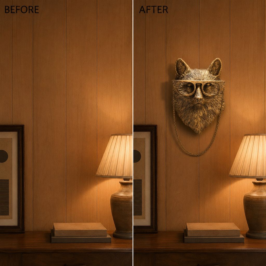 Before and after: a bare wood-paneled wall above a sideboard, then the same wall with the fox head sculpture