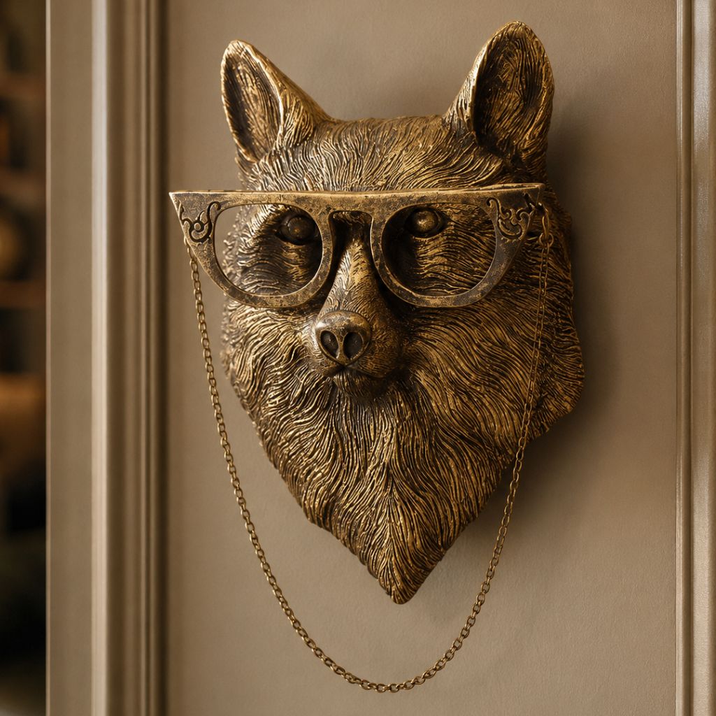 Fox head wall sculpture with glasses and a fine chain draped below its chin