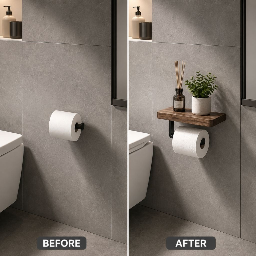 Before and after: a plain black toilet paper holder, then the walnut shelf holder with a diffuser and a small plant on top