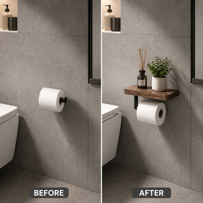Before and after: a plain black toilet paper holder, then the walnut shelf holder with a diffuser and a small plant on top