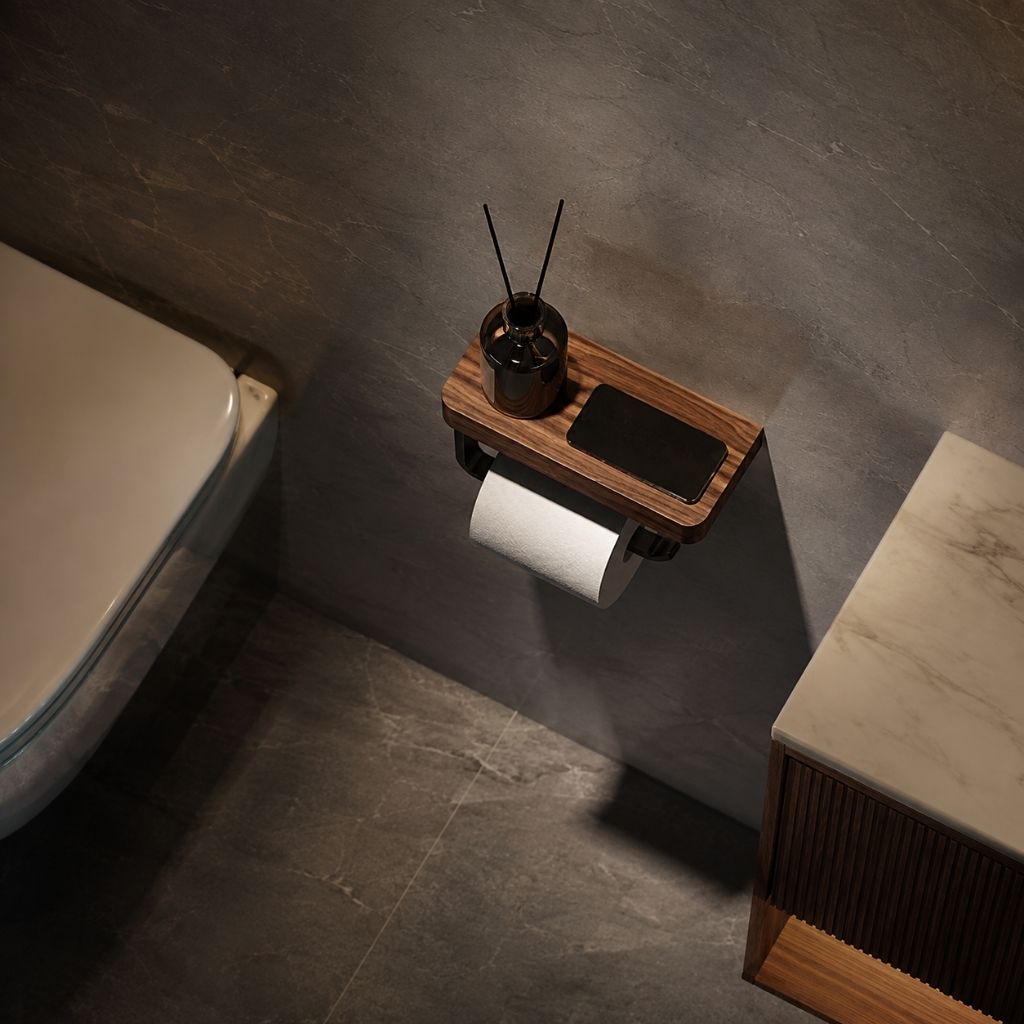 Top-down view of the walnut toilet paper holder with a diffuser and a phone on the shelf beside a wall-hung toilet