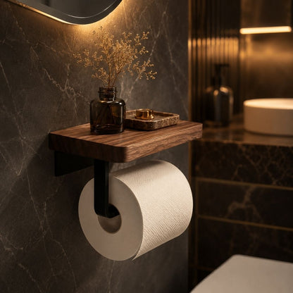 Walnut toilet paper holder on a black marble wall in the evening, an amber vase and a small tray on the shelf
