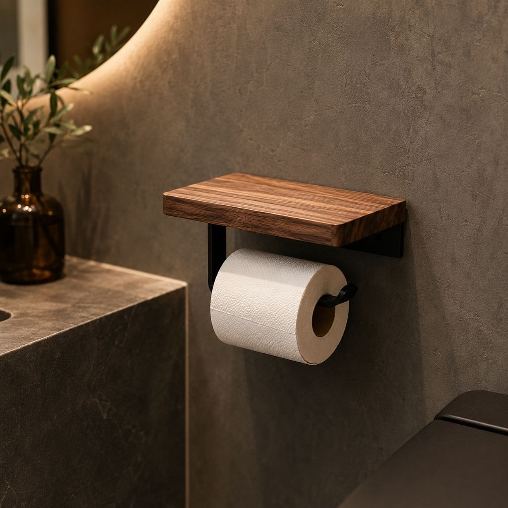 Walnut toilet paper holder with a roll on a dark stone bathroom wall beside a vanity and a vase