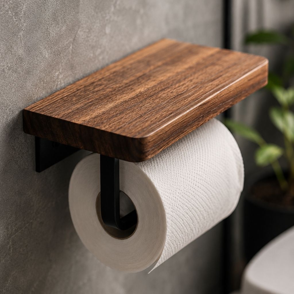 Close view of the walnut shelf and black steel arm holding a roll on a gray microcement wall