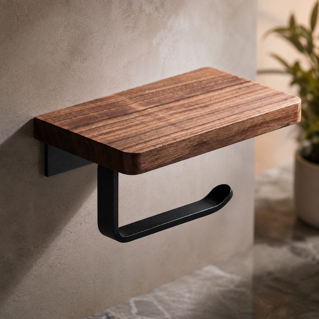 The walnut toilet paper holder without a roll, showing the black arm with its upturned open end