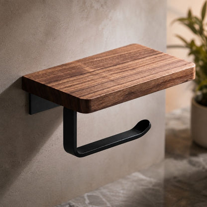 The walnut toilet paper holder without a roll, showing the black arm with its upturned open end
