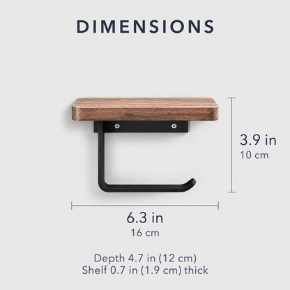 Toilet paper holder dimensions: 6.3 inches wide and 3.9 inches high, 4.7 inches deep, shelf 0.7 inch thick
