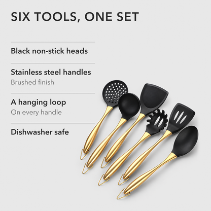Gold six-piece utensil set with text listing black non-stick heads, stainless steel handles, a hanging loop on every handle and dishwasher safe