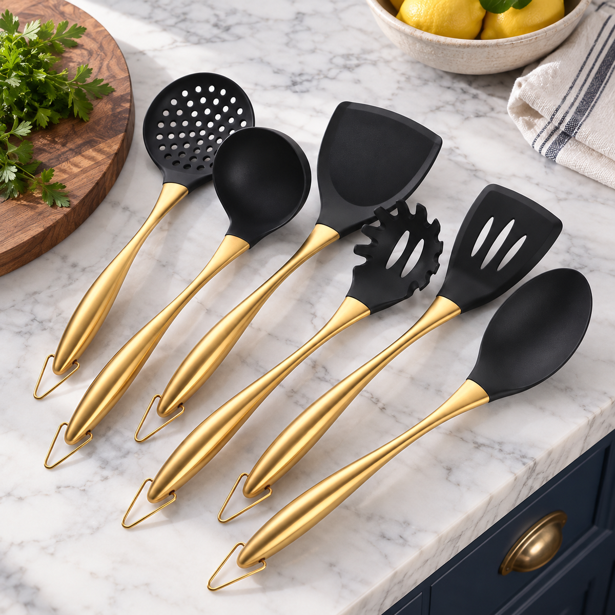 Gold-tone cooking utensils with black heads fanned on a white marble counter in a navy kitchen with brass knobs