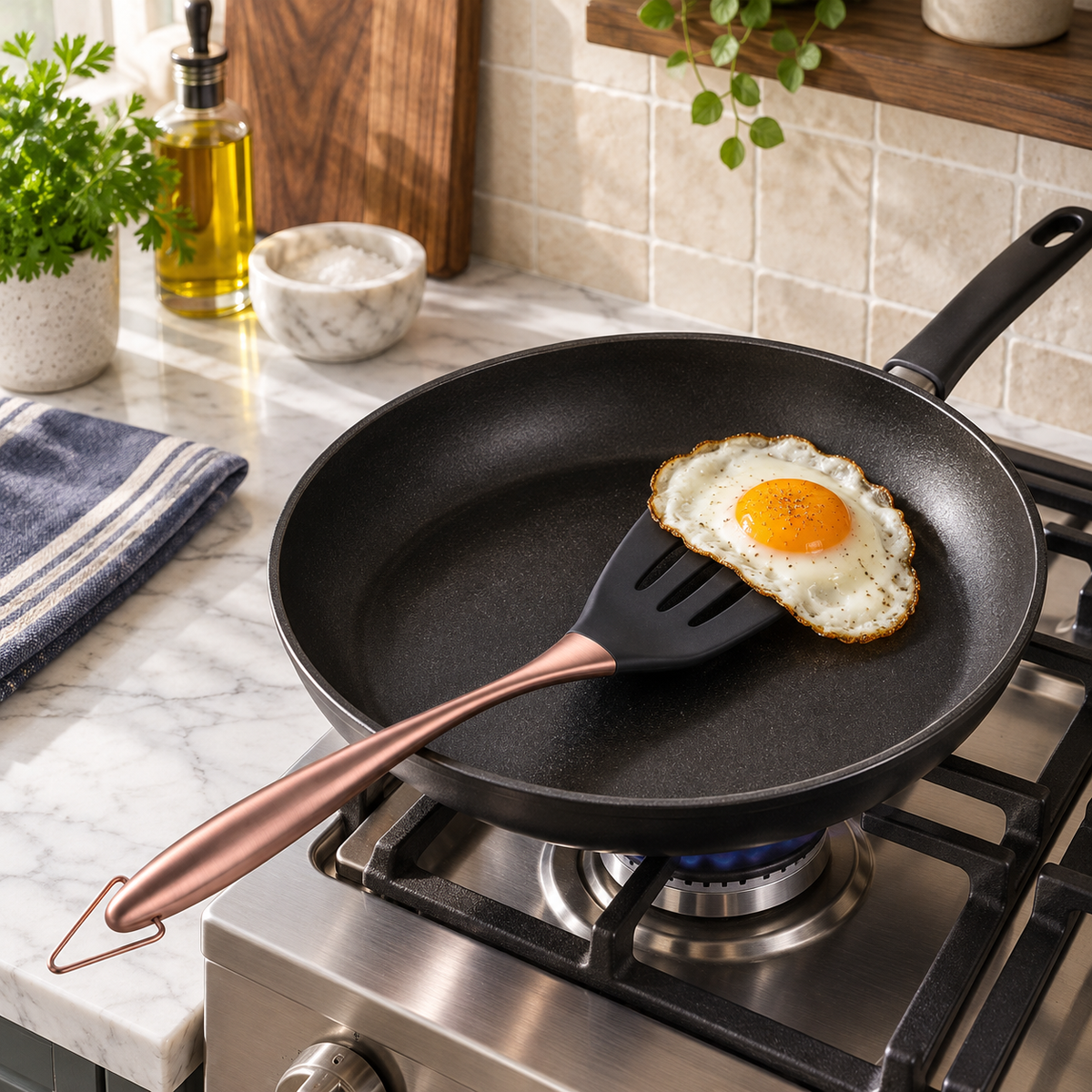 Rose gold slotted turner lifting a fried egg in a black non-stick frying pan on a gas stove