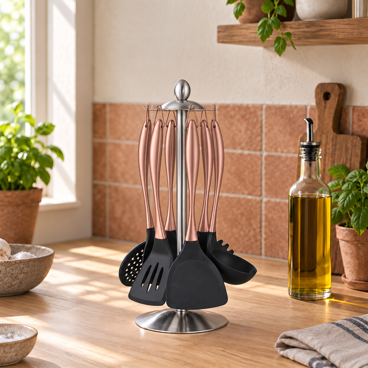 Rose gold cooking utensils hanging on a silver stand on an oak counter in a warm kitchen with terracotta tile