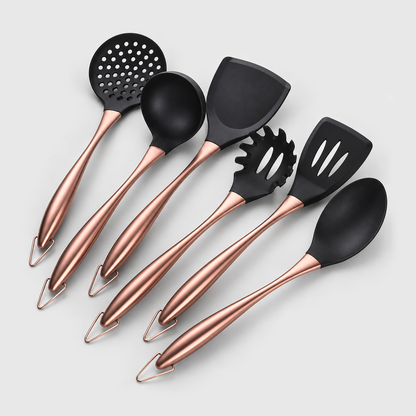 Six-piece cooking utensil set with black heads and rose gold-tone handles on a light gray background