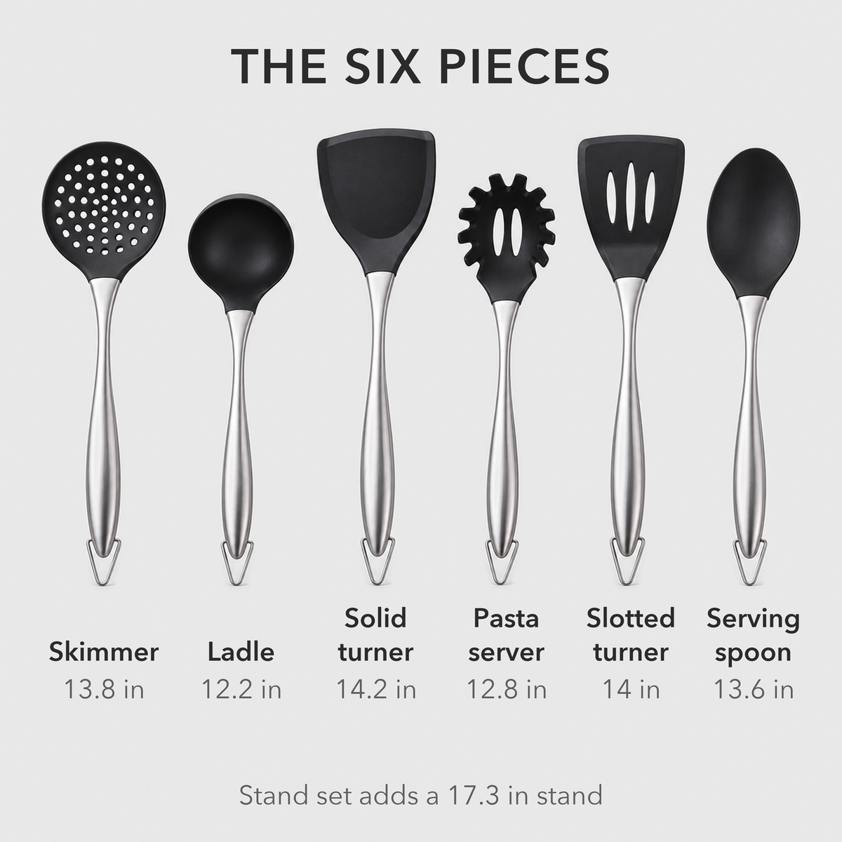 The six utensils side by side with their names and lengths: skimmer, ladle, solid turner, pasta server, slotted turner and serving spoon