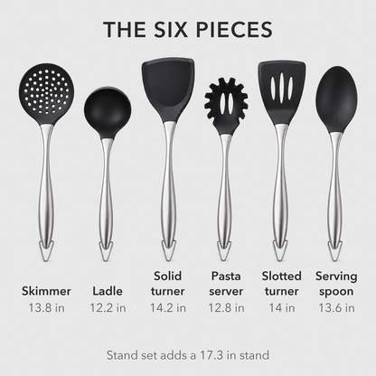 The six utensils side by side with their names and lengths: skimmer, ladle, solid turner, pasta server, slotted turner and serving spoon