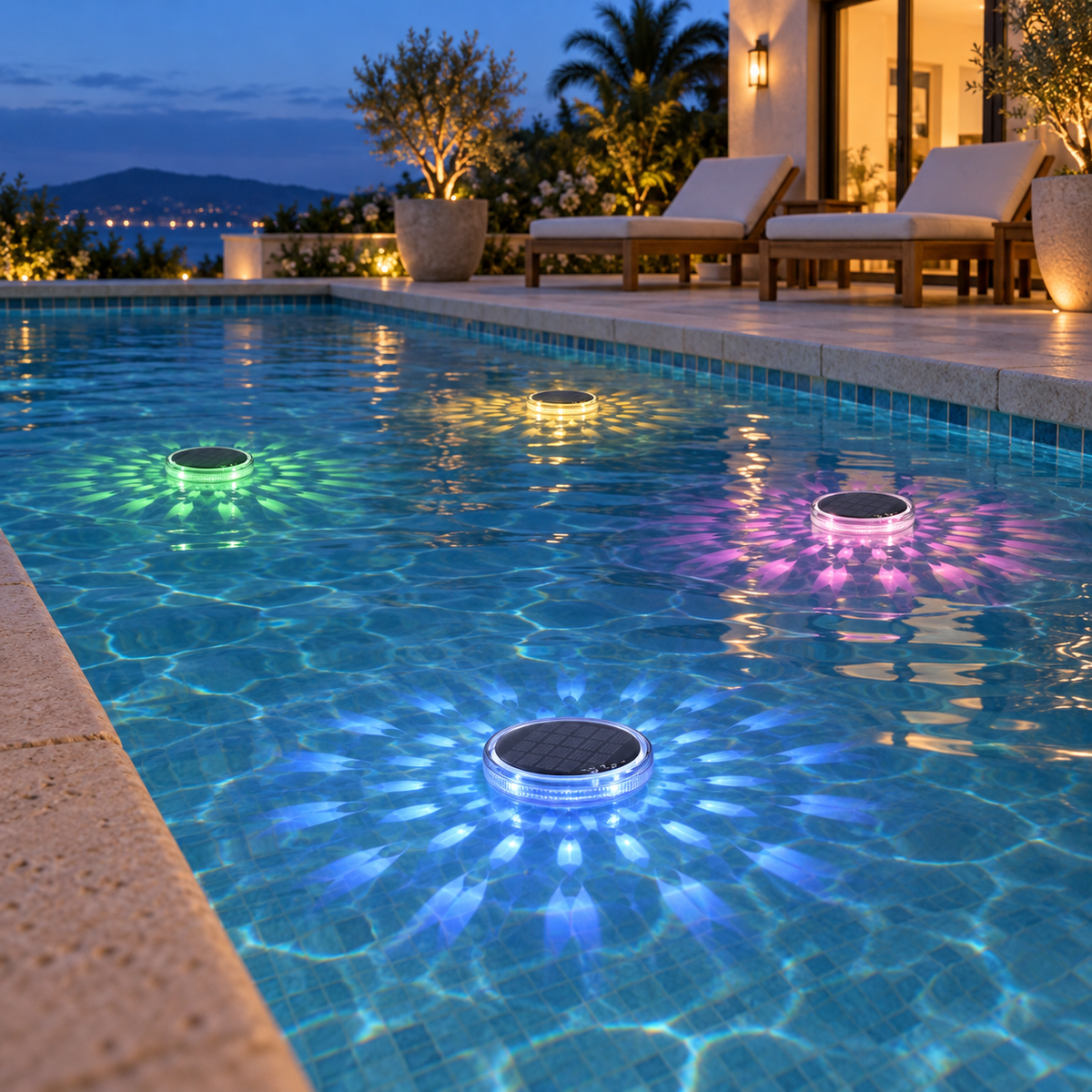 Four solar floating pool lights glowing green, blue, pink and yellow on a backyard pool at dusk