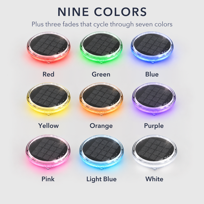 Nine solar floating pool lights glowing red, green, blue, yellow, orange, purple, pink, light blue and white