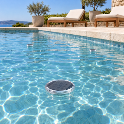 Three solar pool lights floating on a sunny pool, solar panels up and charging