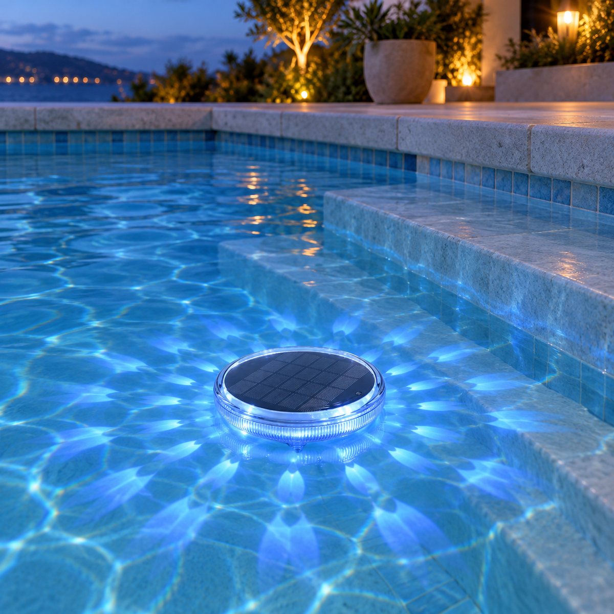Solar floating pool light glowing light blue beside the pool steps at dusk