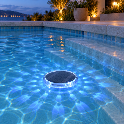 Solar floating pool light glowing light blue beside the pool steps at dusk