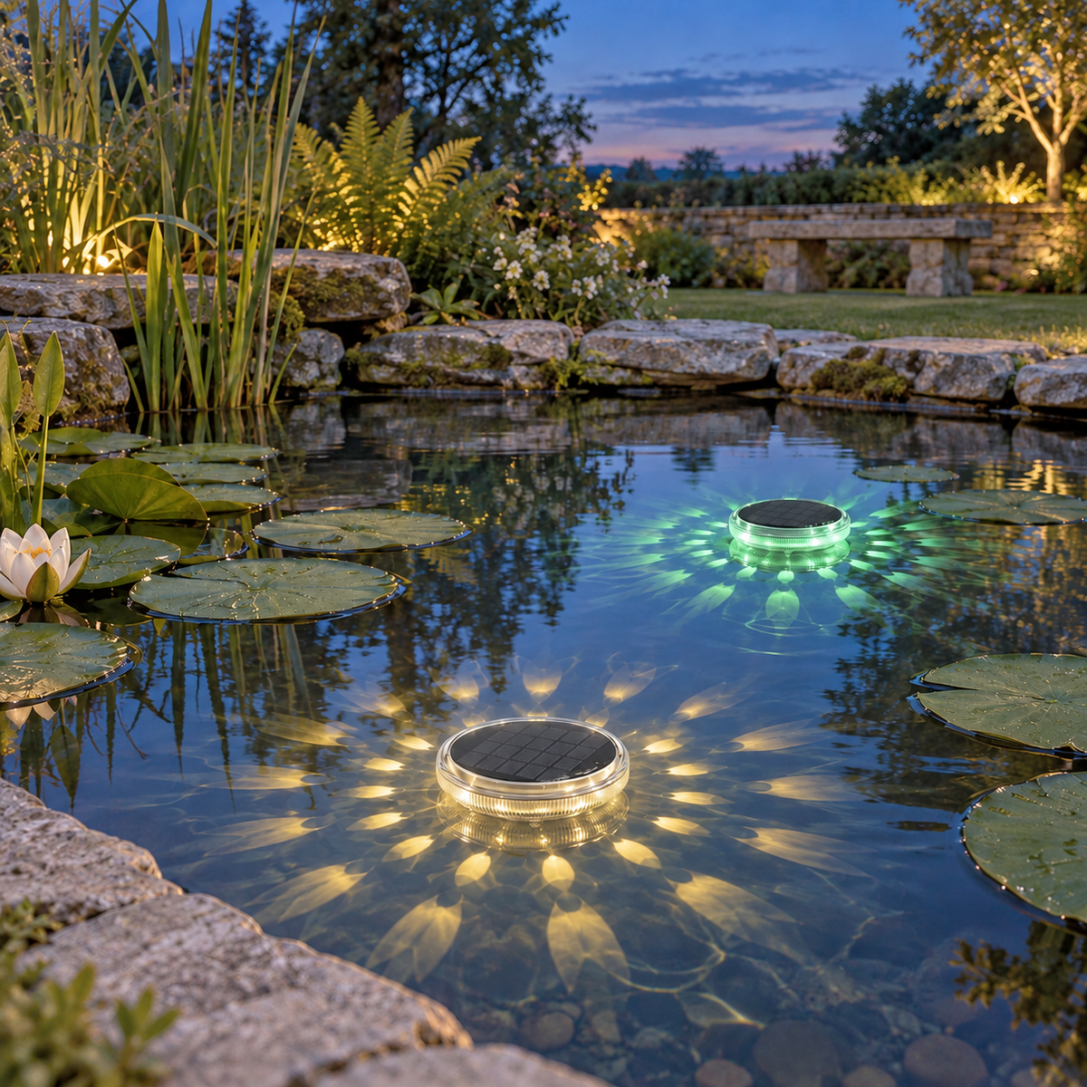 Two solar floating lights glowing warm white and green among lily pads on a garden pond at dusk