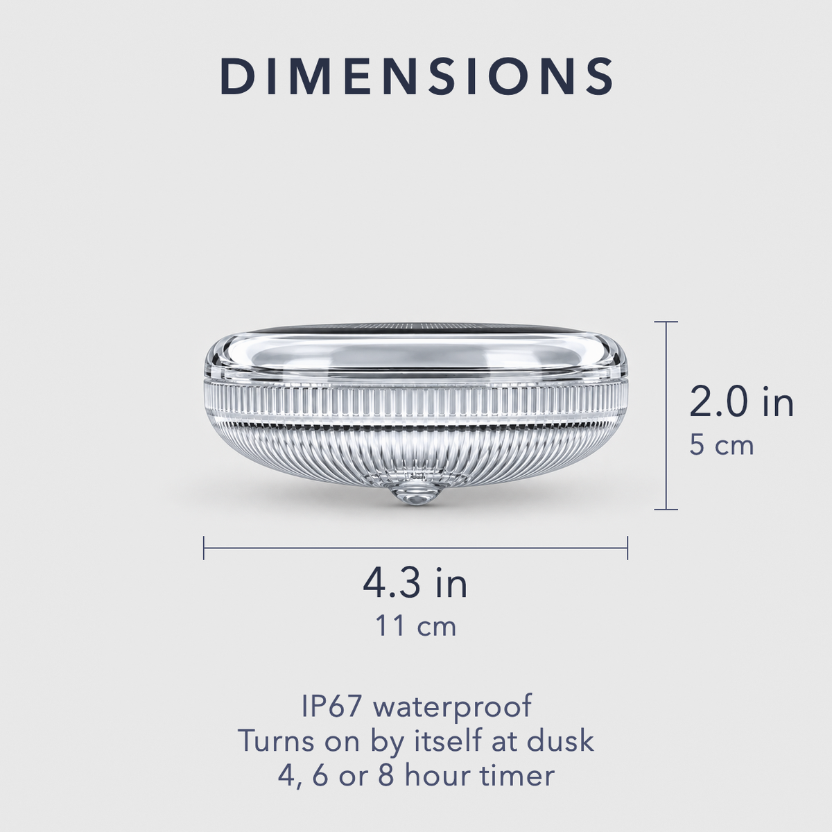 Dimension card showing the solar pool light at 4.3 inches across and 2 inches tall