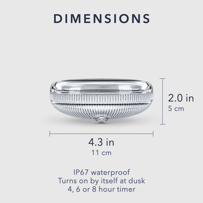 Dimension card showing the solar pool light at 4.3 inches across and 2 inches tall