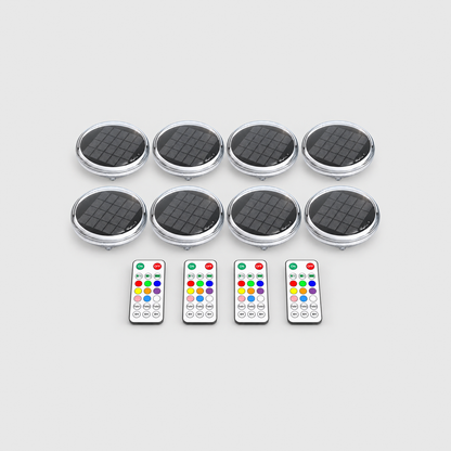 Eight solar floating pool lights and four remote controls on a light gray background