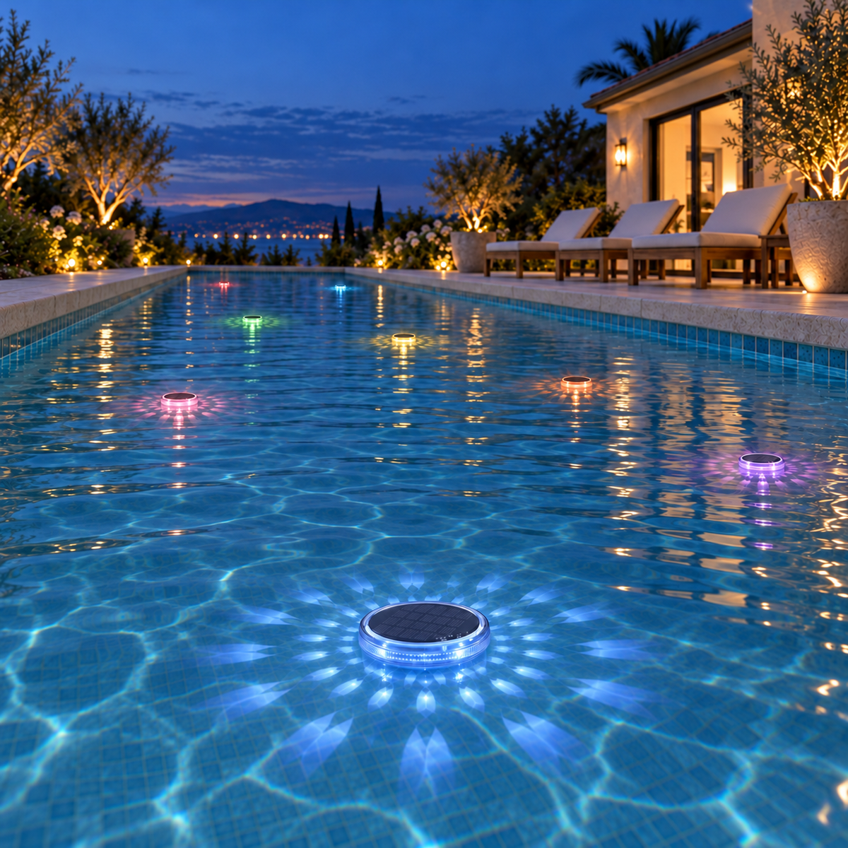 Eight solar floating pool lights glowing in eight colors across a backyard pool at dusk