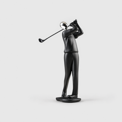 A matte black golfer sculpture with a mirror silver head at the end of a swing, on a light gray background