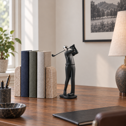 A black golfer sculpture with a silver head on a walnut desk beside a row of hardback books in a home study
