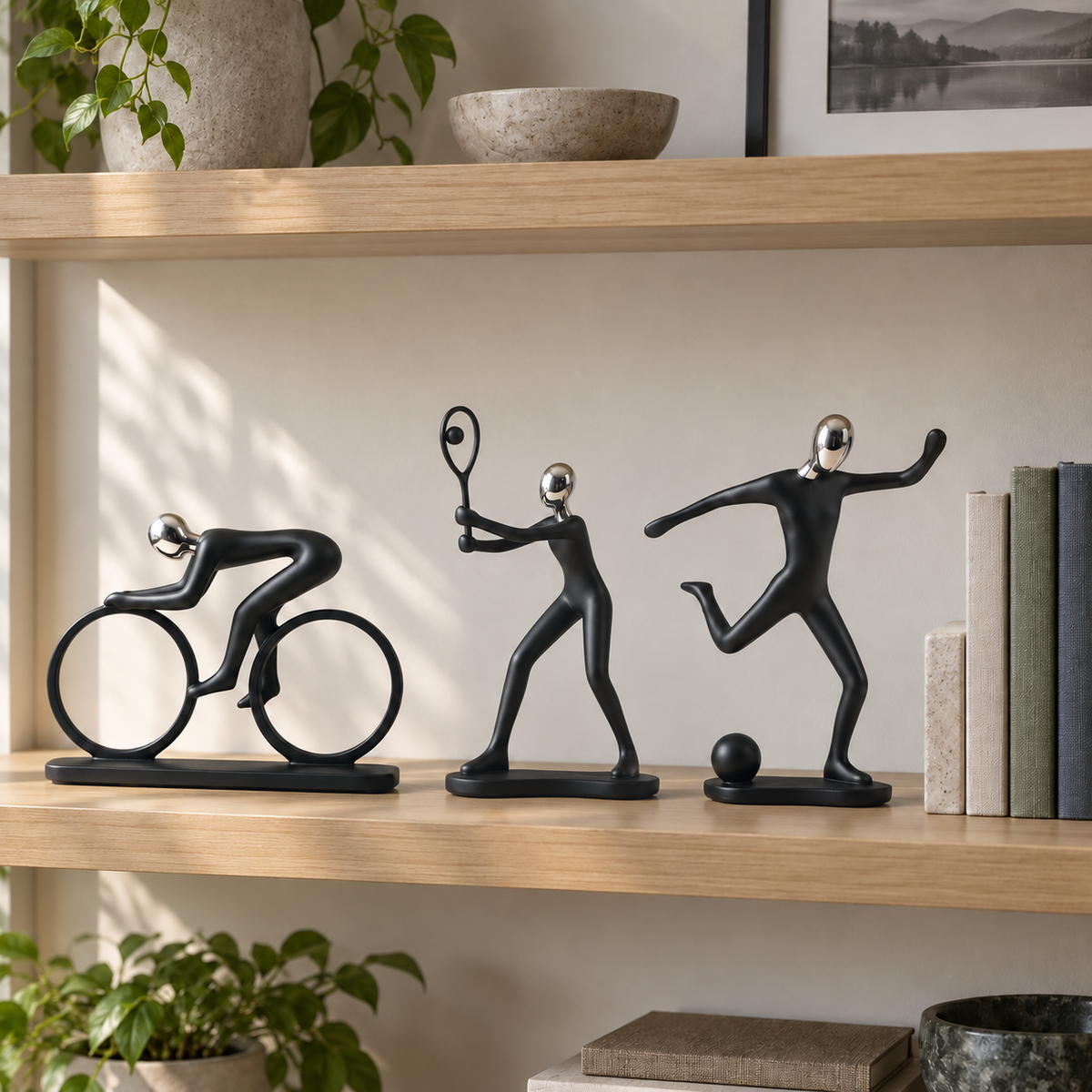 Three black sports figure sculptures, a cyclist, a tennis player and a soccer player, on an oak bookshelf