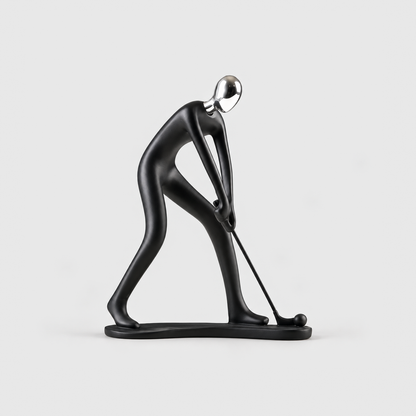 A matte black golfer sculpture bent over a putter with a ball on the base, on a light gray background