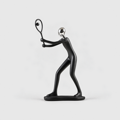 A matte black tennis player sculpture holding an open racket frame, on a light gray background