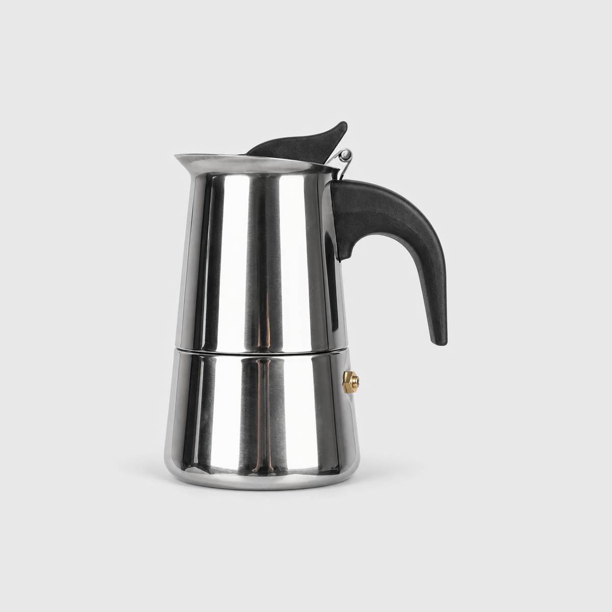 Polished stainless steel moka pot, 2 cup size, with a black handle and a hinged lid, on a light gray background