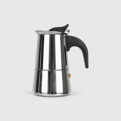 Polished stainless steel moka pot, 2 cup size, with a black handle and a hinged lid, on a light gray background