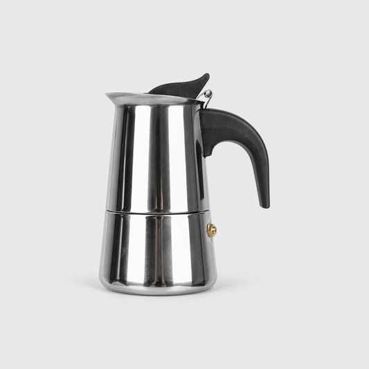 Polished stainless steel moka pot, 2 cup size, with a black handle and a hinged lid, on a light gray background