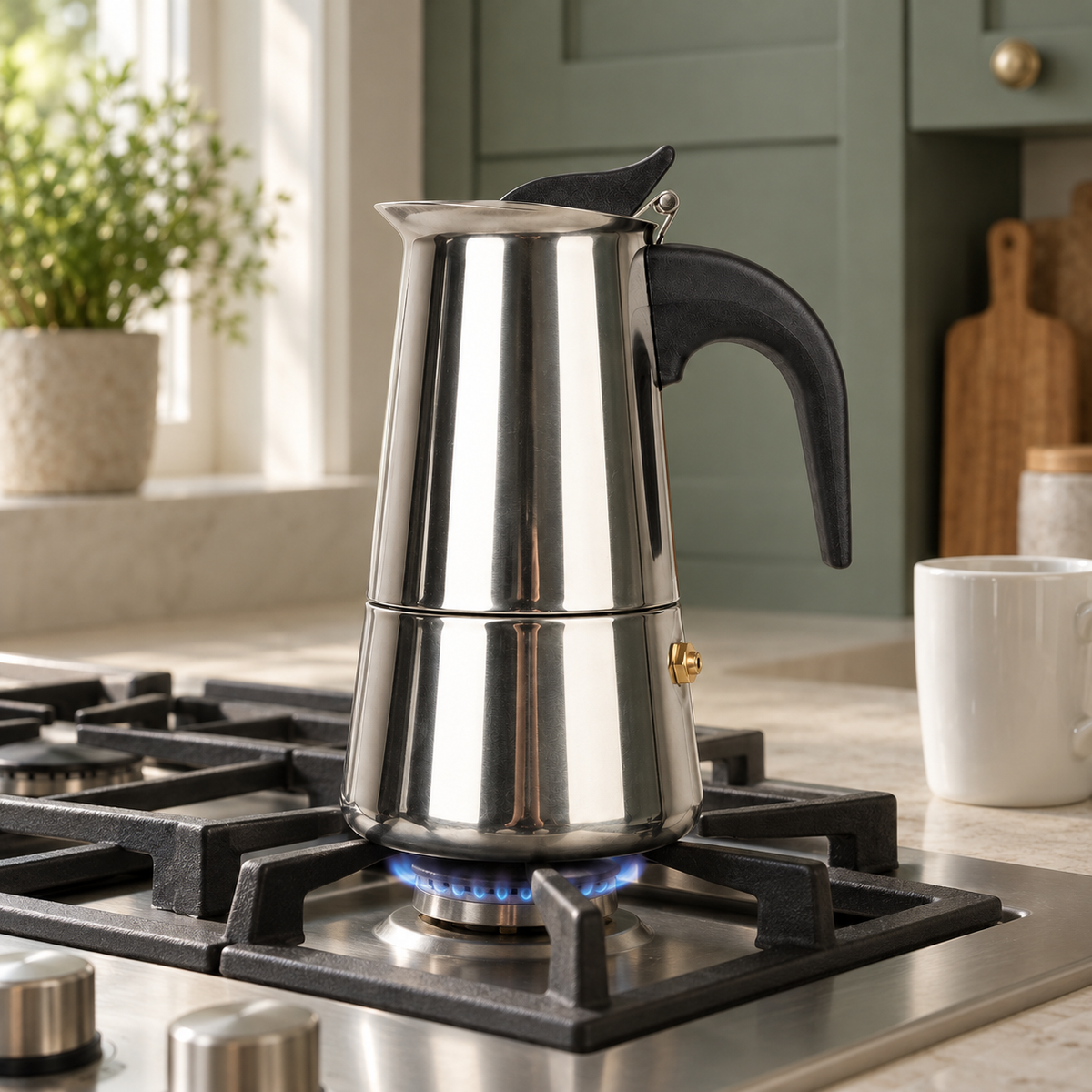 Stainless steel moka pot heating over a small blue gas flame on a cooktop in a sage green kitchen