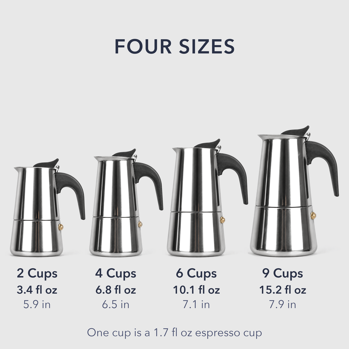 Four sizes of stainless steel moka pot side by side to scale: 2, 4, 6 and 9 cups, 5.9 to 7.9 inches tall