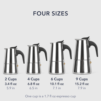 Four sizes of stainless steel moka pot side by side to scale: 2, 4, 6 and 9 cups, 5.9 to 7.9 inches tall