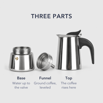 Stainless steel moka pot taken apart into its base with safety valve, perforated filter funnel and top chamber