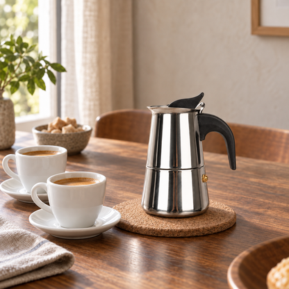 Stainless steel moka pot on a walnut breakfast table beside two small cups of espresso with crema