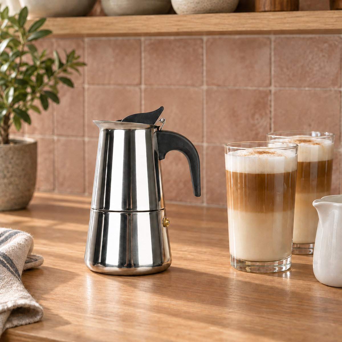 Large stainless steel moka pot on an oak counter beside two glasses of latte and a white milk jug