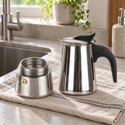 Small stainless steel moka pot unscrewed into its base and top chamber, drying on a linen towel beside a sink