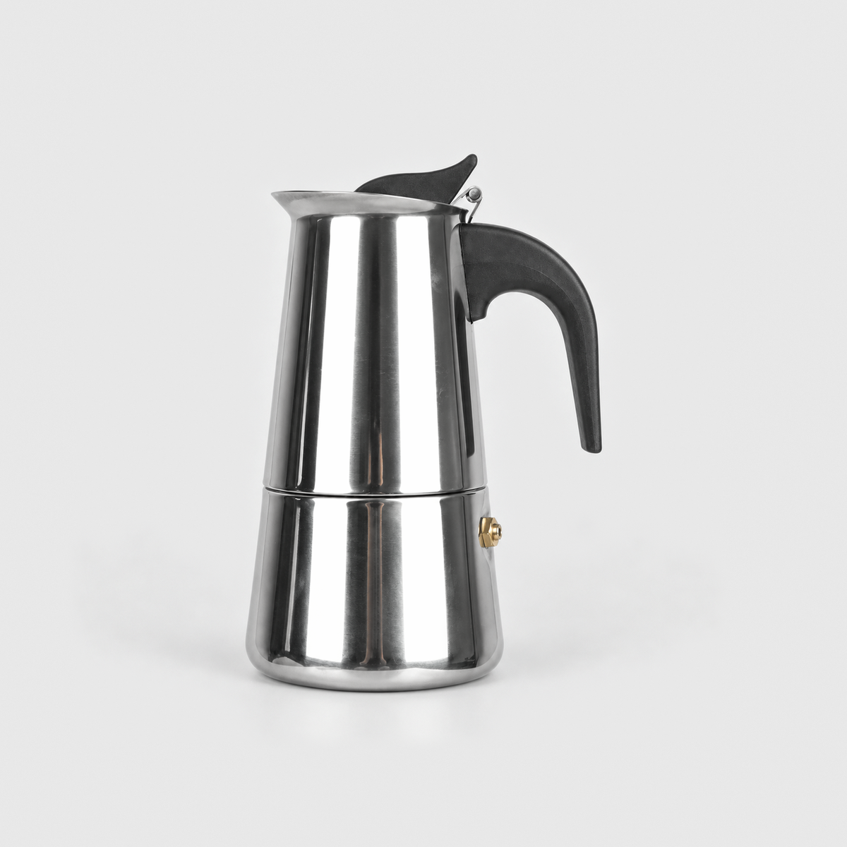 Polished stainless steel moka pot, 4 cup size, on a light gray background