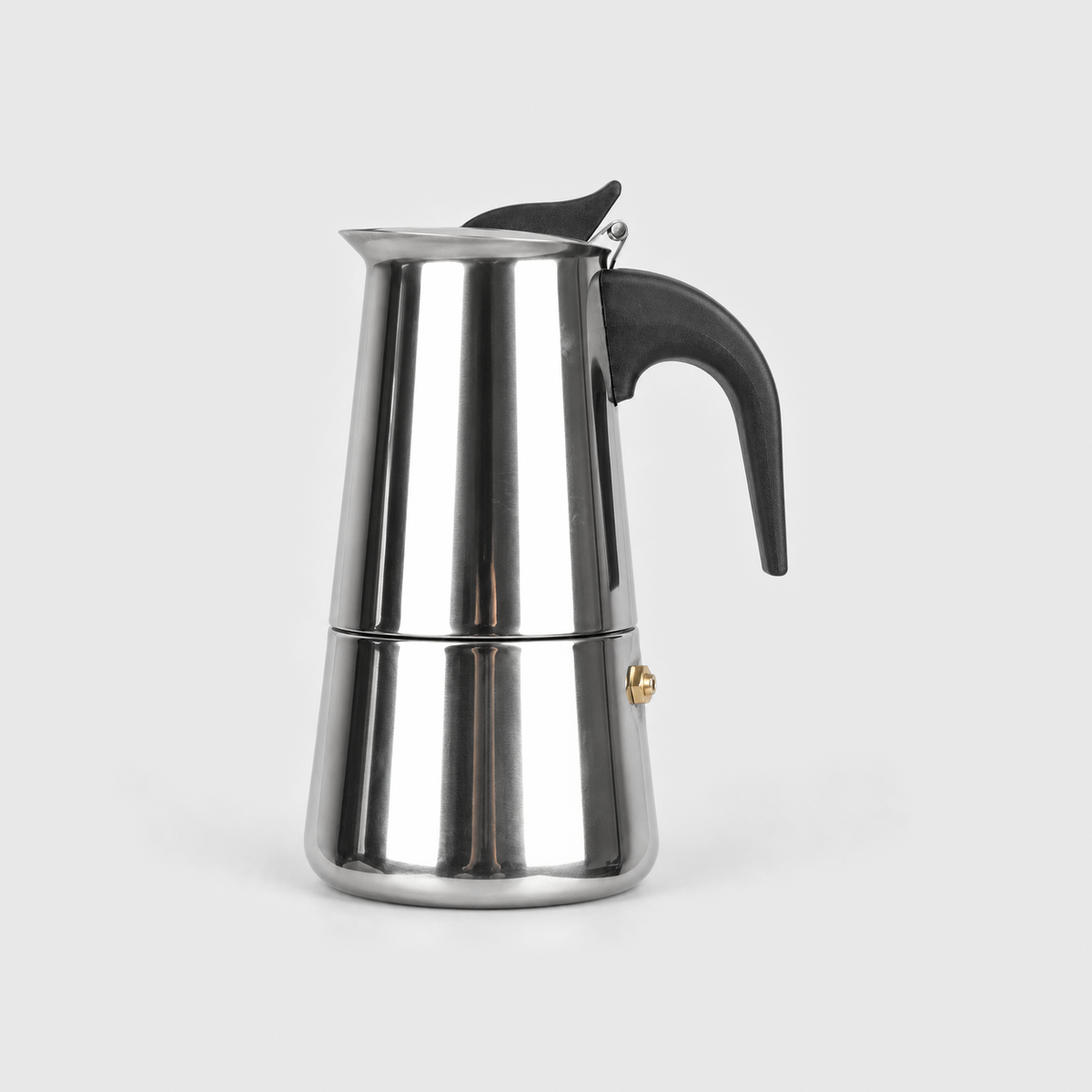 Polished stainless steel moka pot, 6 cup size, on a light gray background
