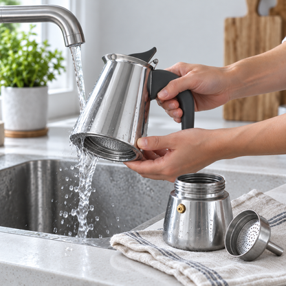 Hands rinsing the top chamber of the stainless steel moka pot under the kitchen tap, the base and filter funnel drying on a tea towel