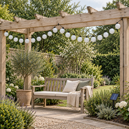 White fabric lantern string lights switched off along a wooden pergola beam over a garden bench in daylight, with the solar panel on its stake in the flower bed