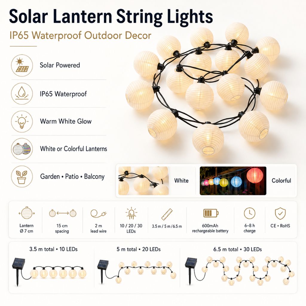 Solar lantern string lights infographic showing white and multicolor lanterns, 3.5, 5 and 6.5 meter lengths, 7 cm lanterns and 15 cm spacing