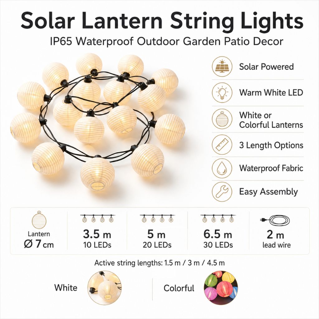 Infographic of the white lantern string with icons for solar power, warm white LEDs, waterproof fabric and three length options