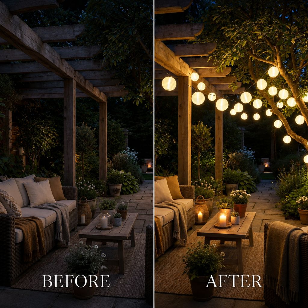 Before and after view of a pergola lounge at night, dark and then lit by white solar lantern string lights